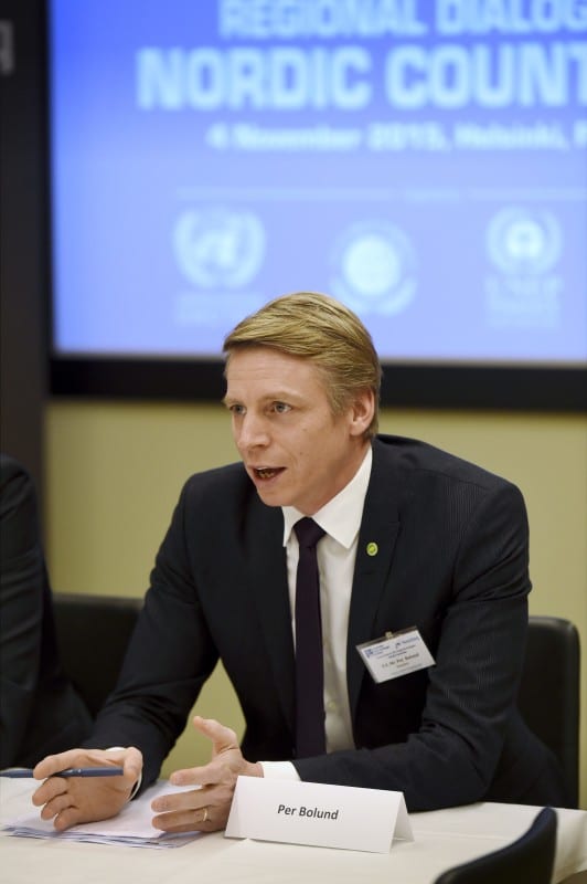 Ruotsin rahoitusmarkkina- ja kuluttajaministeri Per Bolund UN Sustainable Stock Exchanges Regional Dialogue -tilaisuudessa pörssitalolla Nasdaq Helsingissä marraskuussa 2015.