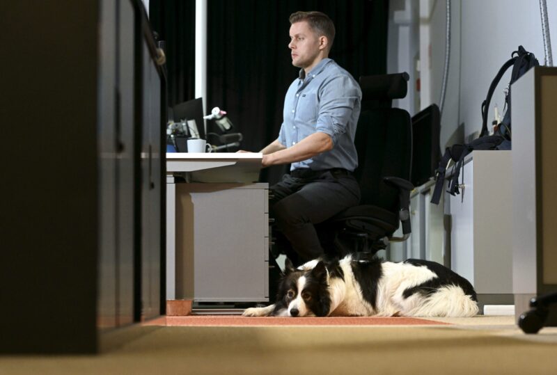 Mies istuu työtuoliss toimistossa. Hänen jaloissaan makaa mustavalkoinen koira.