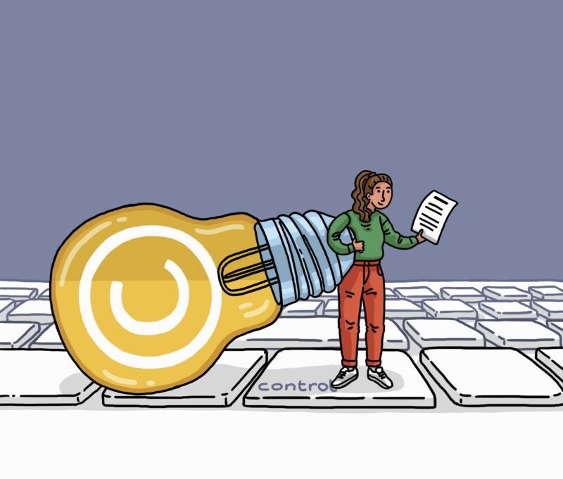 Piirroskuvassa ihmishahmo seisoo jättimäisellä näppäimistöllä suuren hehkulampun vieressä ja lukee kädessään olevaa paperia.